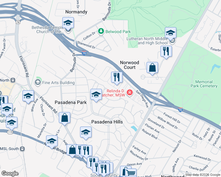 map of restaurants, bars, coffee shops, grocery stores, and more near 7375 Overbrook Drive in St. Louis