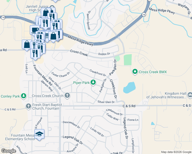 map of restaurants, bars, coffee shops, grocery stores, and more near 8403 Meadowcrest Drive in Fountain