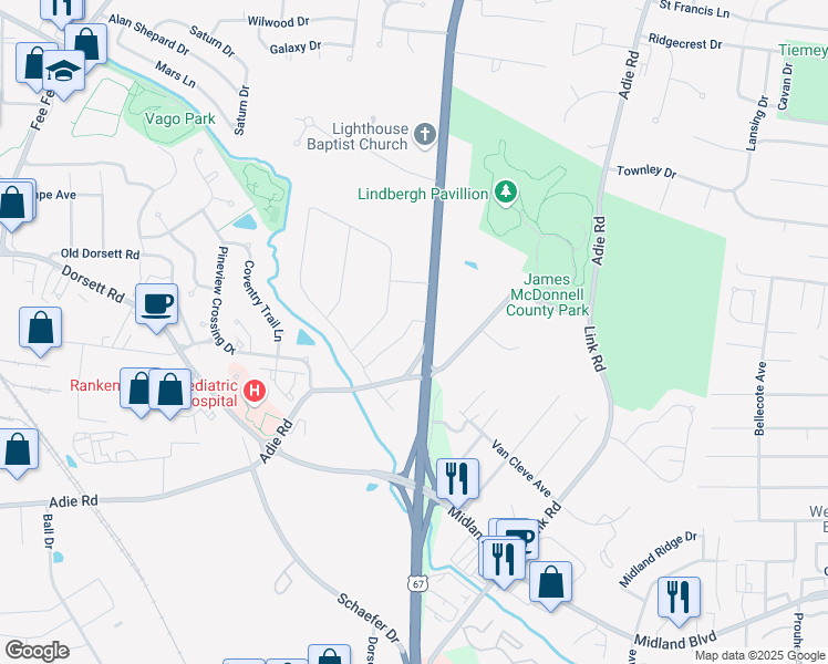 map of restaurants, bars, coffee shops, grocery stores, and more near 11314 Bonanza Drive in Maryland Heights