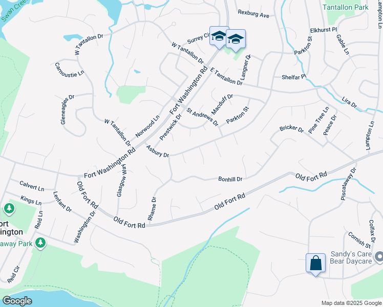 map of restaurants, bars, coffee shops, grocery stores, and more near 12916 Asbury Drive in Fort Washington