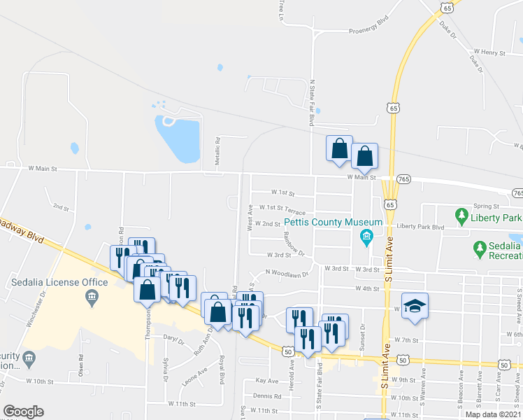 map of restaurants, bars, coffee shops, grocery stores, and more near 2424 West 1st Street Terrace in Sedalia