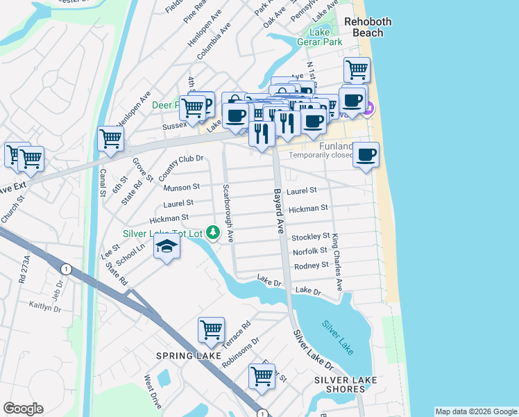 map of restaurants, bars, coffee shops, grocery stores, and more near 38447 Carolina Street in Dewey Beach