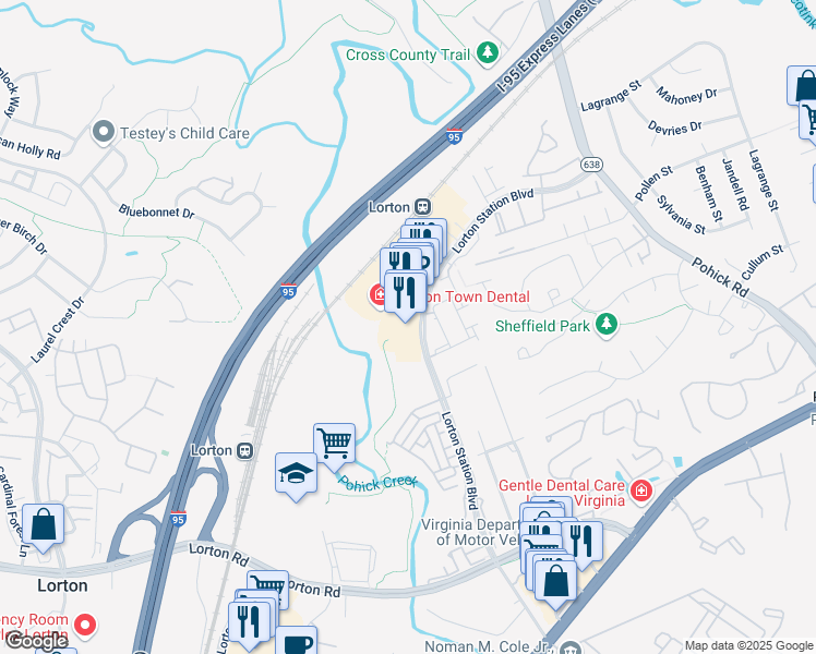 map of restaurants, bars, coffee shops, grocery stores, and more near 9020 Lorton Station Boulevard in Lorton