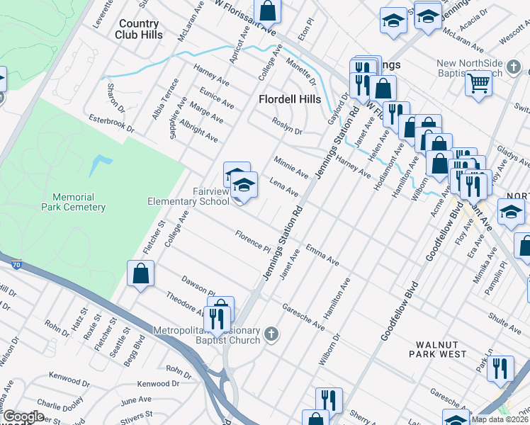 map of restaurants, bars, coffee shops, grocery stores, and more near 5505 Reineke Court in Jennings