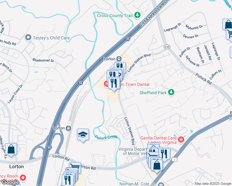map of restaurants, bars, coffee shops, grocery stores, and more near 9020 Lorton Station Boulevard in Lorton
