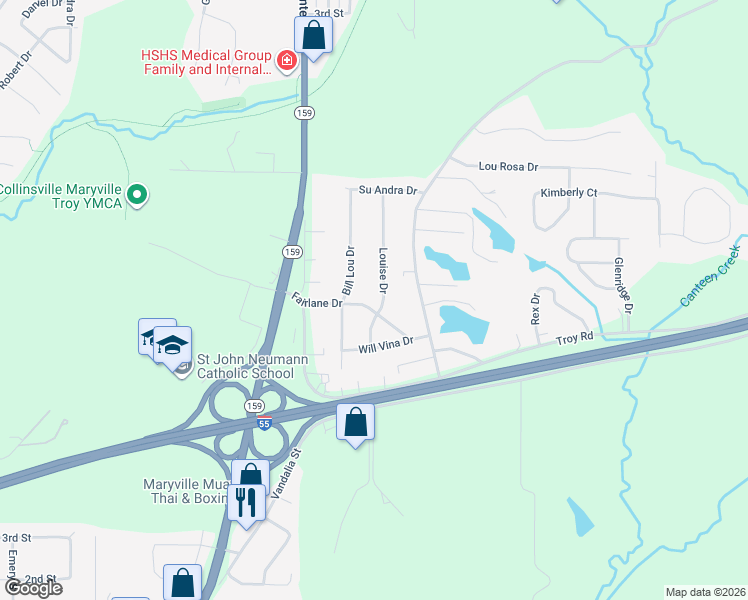 map of restaurants, bars, coffee shops, grocery stores, and more near 301 Louise Drive in Collinsville