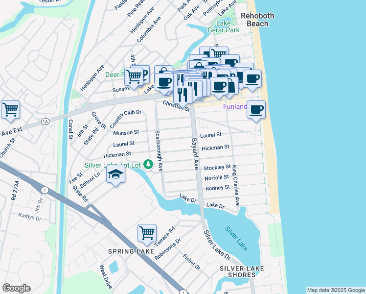 map of restaurants, bars, coffee shops, grocery stores, and more near 38447 Carolina Street in Dewey Beach