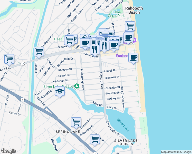 map of restaurants, bars, coffee shops, grocery stores, and more near 205 Hickman Street in Rehoboth Beach