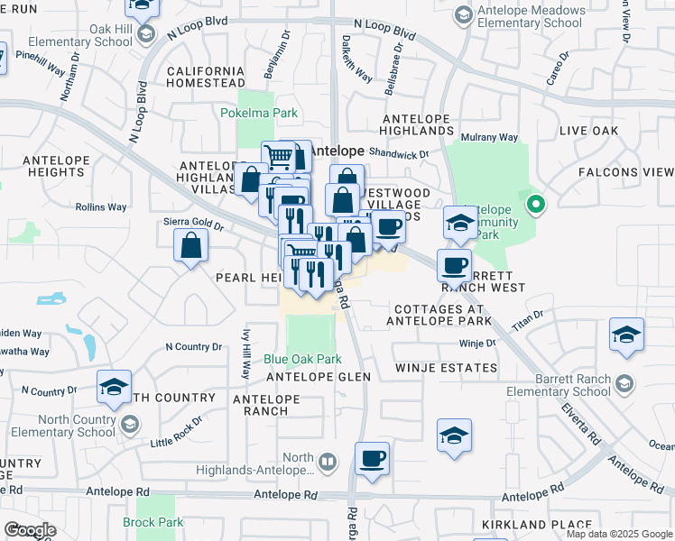 map of restaurants, bars, coffee shops, grocery stores, and more near 7903 Walerga Road in Antelope