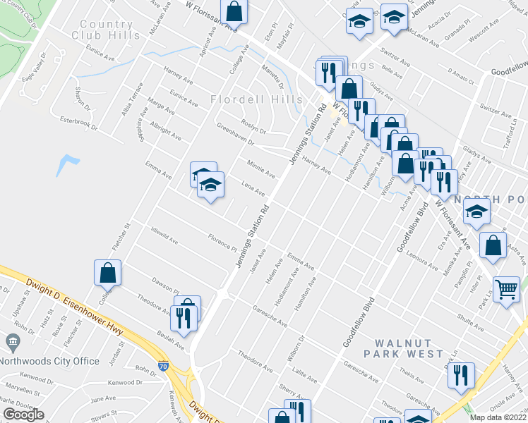map of restaurants, bars, coffee shops, grocery stores, and more near 5539 Jennings Station Road in Jennings