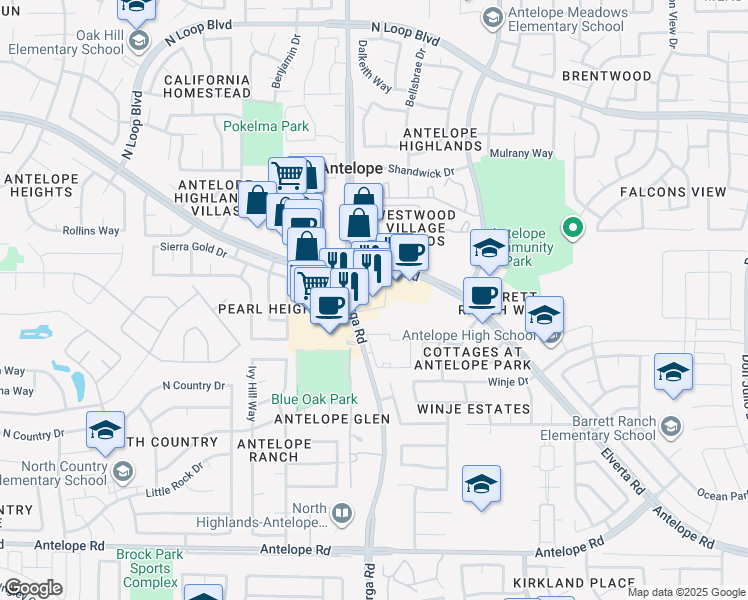map of restaurants, bars, coffee shops, grocery stores, and more near 4320 Walerga Road in Antelope