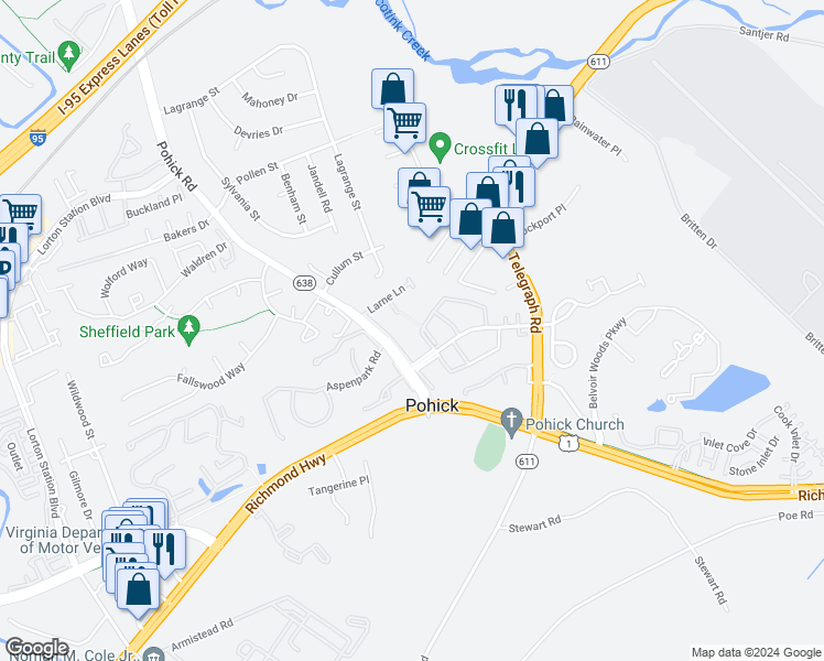 map of restaurants, bars, coffee shops, grocery stores, and more near 7420 Ardglass Drive in Lorton