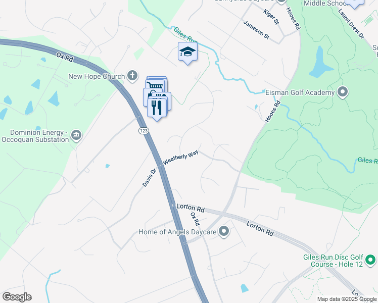 map of restaurants, bars, coffee shops, grocery stores, and more near 9010 Weatherly Way in Lorton