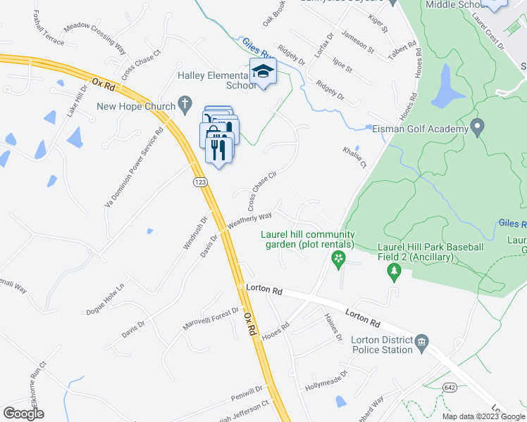 map of restaurants, bars, coffee shops, grocery stores, and more near 9010 Weatherly Way in Lorton
