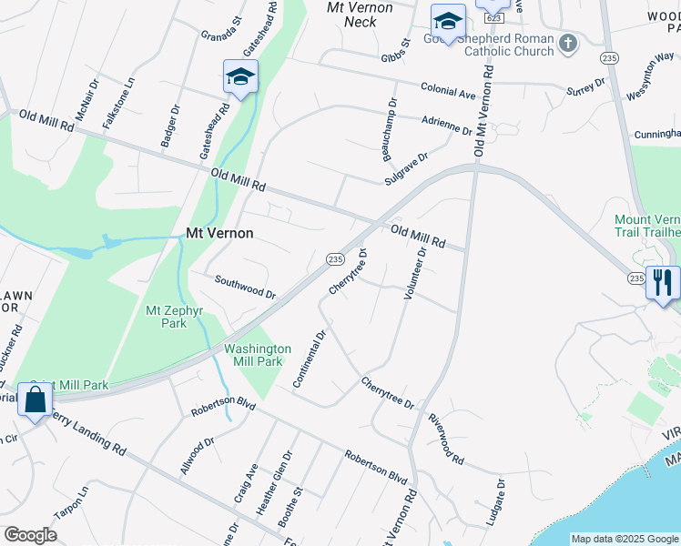 map of restaurants, bars, coffee shops, grocery stores, and more near 9010 Cherrytree Drive in Alexandria