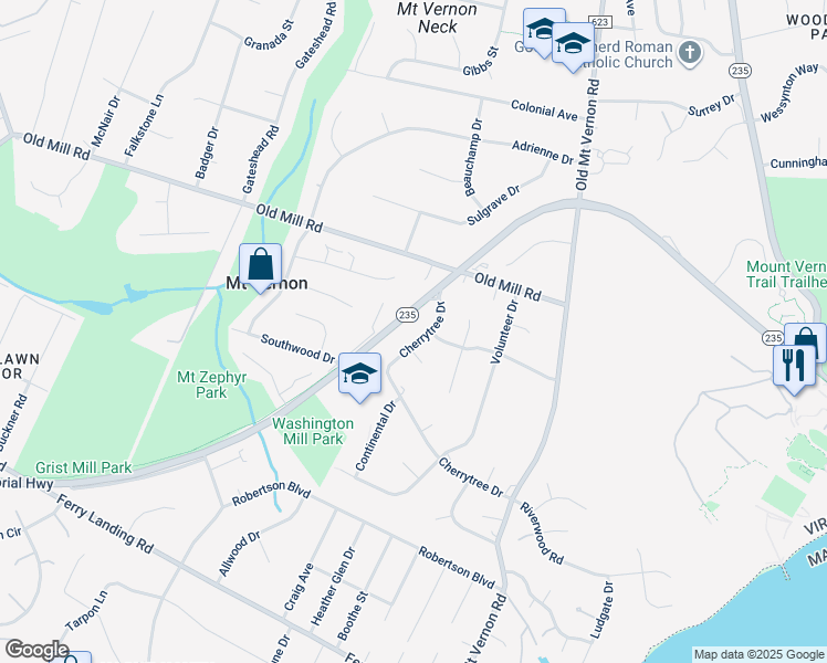 map of restaurants, bars, coffee shops, grocery stores, and more near 9010 Cherrytree Drive in Alexandria