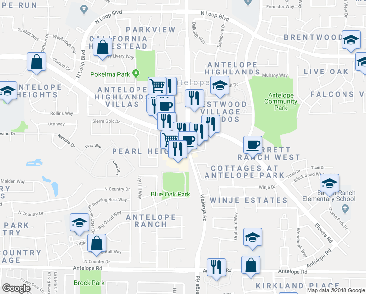 map of restaurants, bars, coffee shops, grocery stores, and more near 7903 Walerga Road in Antelope