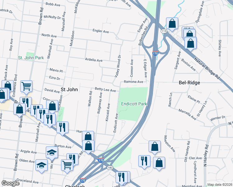 map of restaurants, bars, coffee shops, grocery stores, and more near 3013 Endicott Avenue in St. Louis