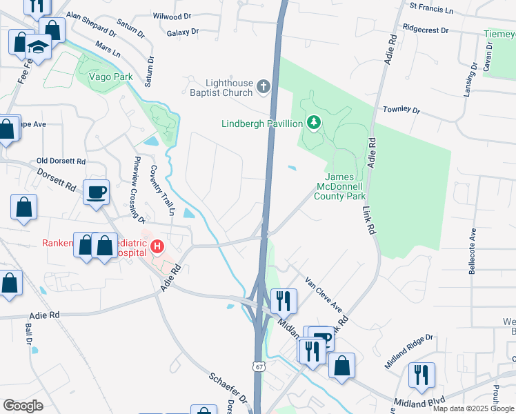 map of restaurants, bars, coffee shops, grocery stores, and more near 11326 Bonanza Drive in Maryland Heights