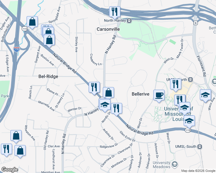 map of restaurants, bars, coffee shops, grocery stores, and more near 3733 North Hanley Road in St. Louis