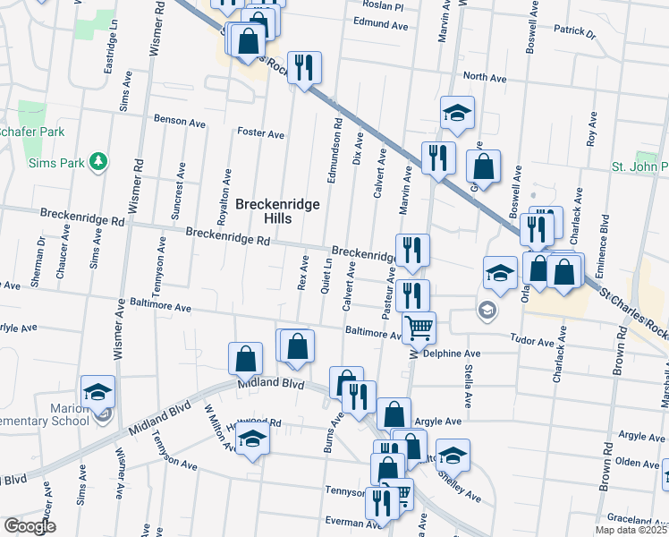 map of restaurants, bars, coffee shops, grocery stores, and more near 3131 Calvert Avenue in Breckenridge Hills