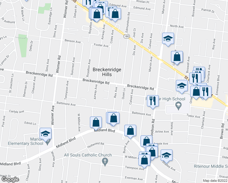 map of restaurants, bars, coffee shops, grocery stores, and more near 3126 Rex Avenue in Breckenridge Hills