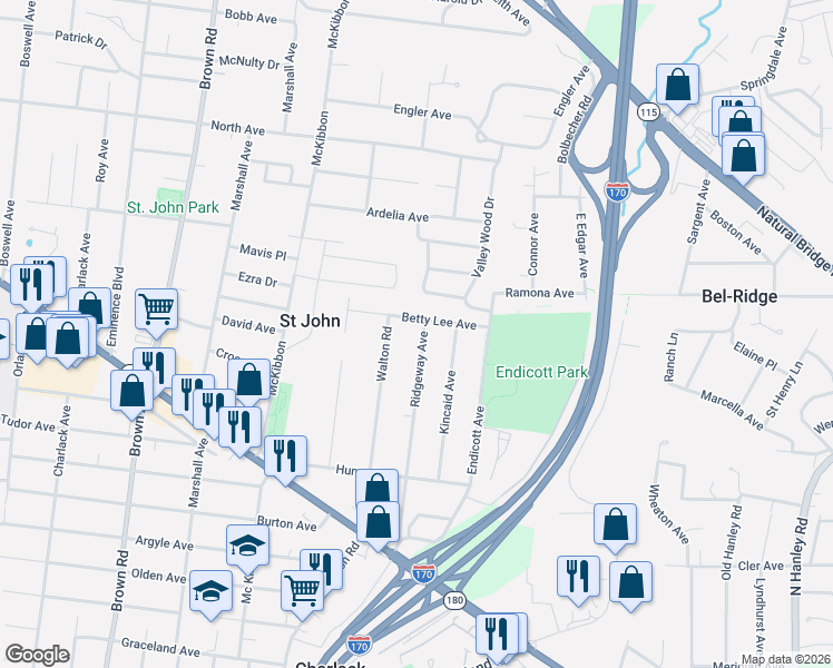 map of restaurants, bars, coffee shops, grocery stores, and more near 3013 Ridgeway Avenue in St. Louis