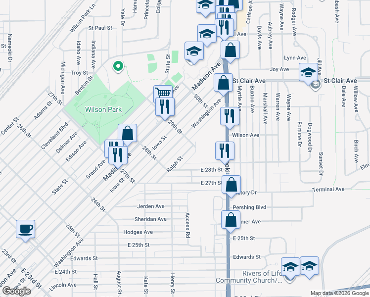 map of restaurants, bars, coffee shops, grocery stores, and more near 2852 Ralph Street in Granite City