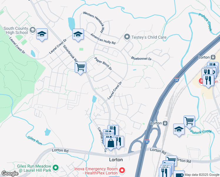 map of restaurants, bars, coffee shops, grocery stores, and more near 8218 Laurel Heights Loop in Lorton