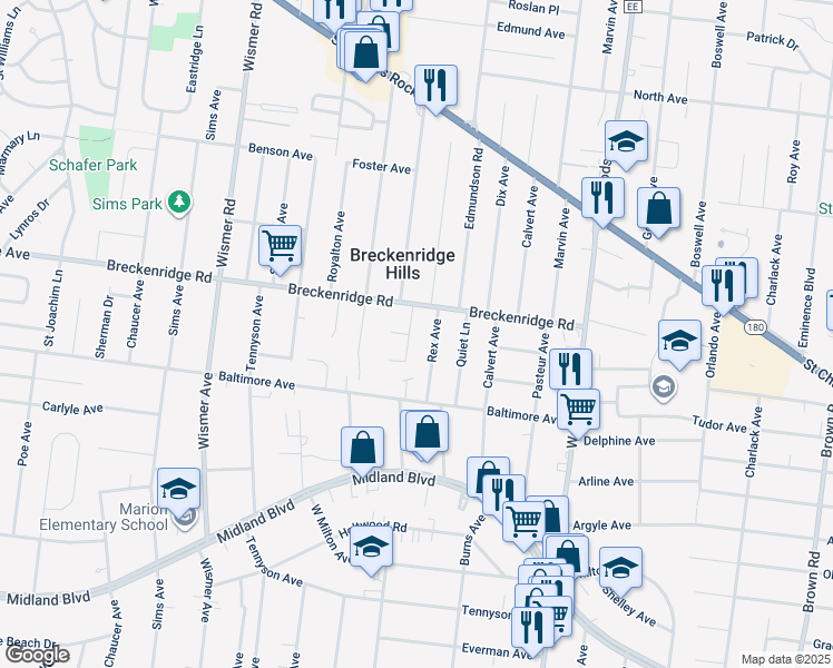 map of restaurants, bars, coffee shops, grocery stores, and more near 3130 Coles Avenue in Breckenridge Hills