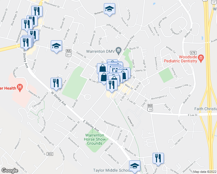 map of restaurants, bars, coffee shops, grocery stores, and more near 30 East Lee Street in Warrenton