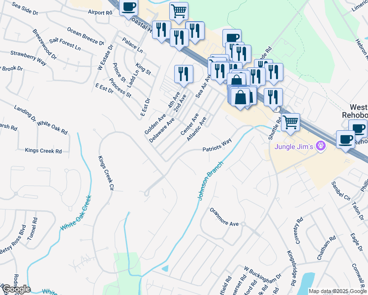 map of restaurants, bars, coffee shops, grocery stores, and more near 27 Patriots Way in Rehoboth Beach