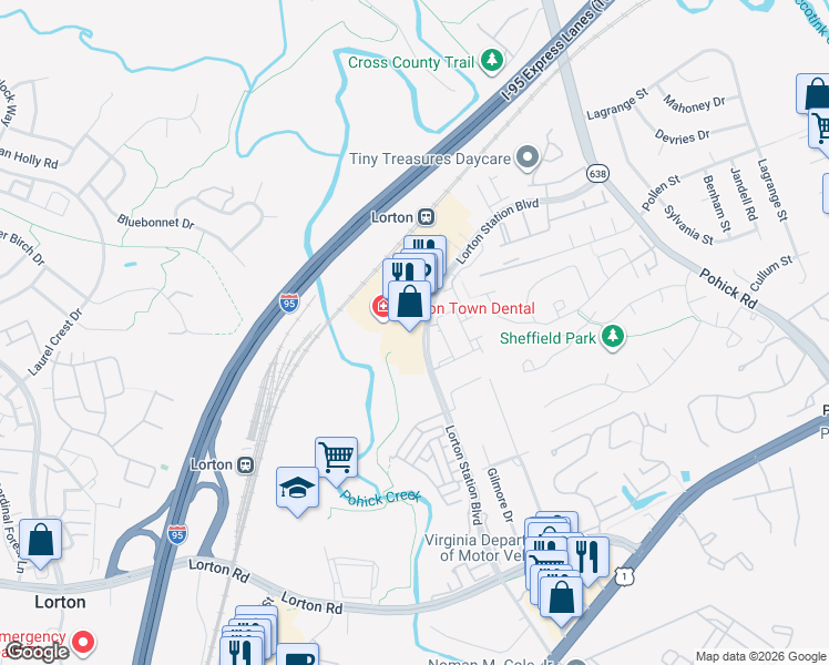 map of restaurants, bars, coffee shops, grocery stores, and more near 9020 Lorton Station Boulevard in Lorton