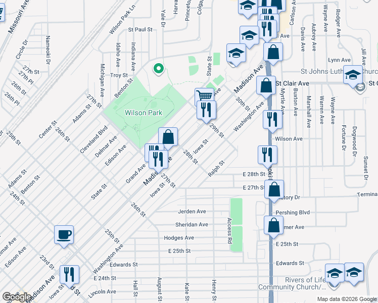 map of restaurants, bars, coffee shops, grocery stores, and more near 2800 Iowa Street in Granite City