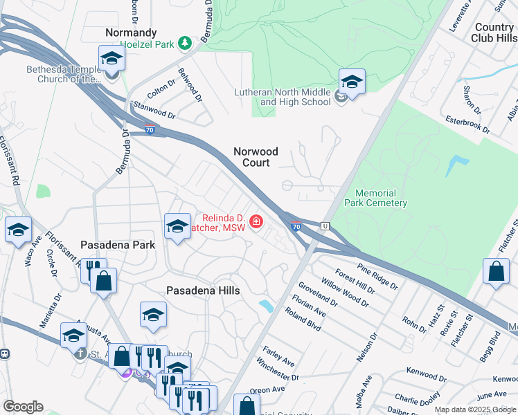 map of restaurants, bars, coffee shops, grocery stores, and more near 4698 Woodstead Court in St. Louis