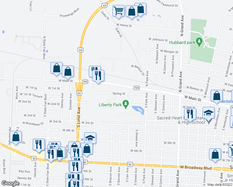 map of restaurants, bars, coffee shops, grocery stores, and more near 1398 Spring Street in Sedalia