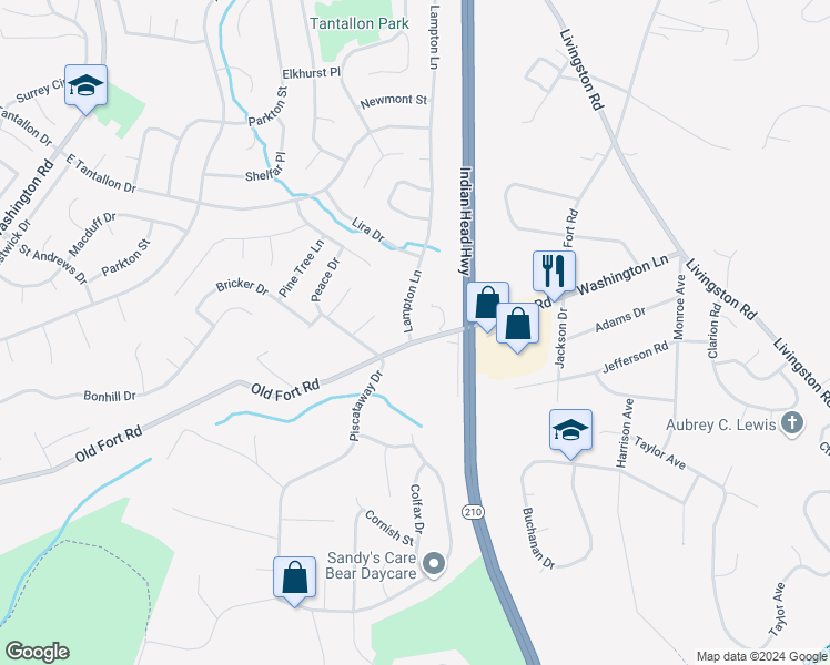 map of restaurants, bars, coffee shops, grocery stores, and more near 12820 Lampton Lane in Fort Washington