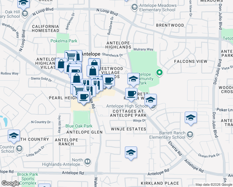 map of restaurants, bars, coffee shops, grocery stores, and more near 4500 Elverta Road in Antelope