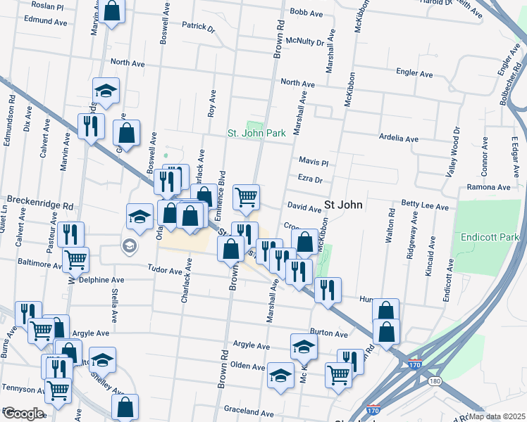 map of restaurants, bars, coffee shops, grocery stores, and more near 8824 David Avenue in St. Louis