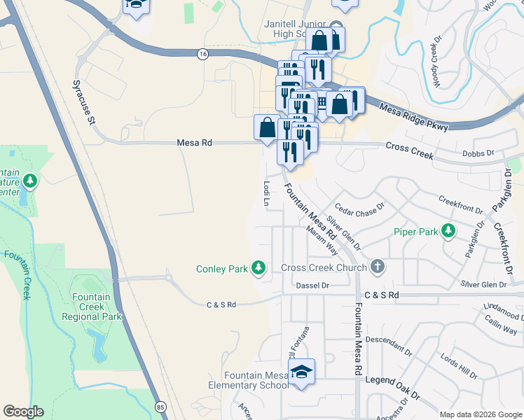 map of restaurants, bars, coffee shops, grocery stores, and more near 8132 Lodi Lane in Fountain