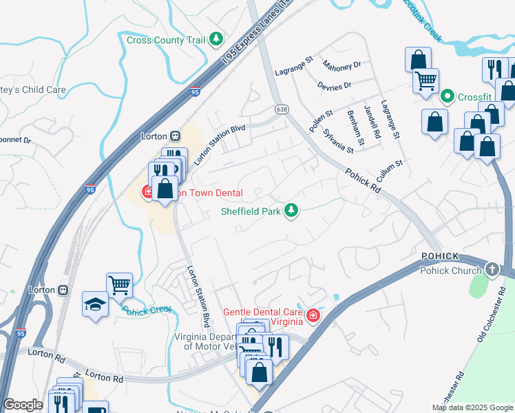 map of restaurants, bars, coffee shops, grocery stores, and more near 7656 Stana Court in Lorton
