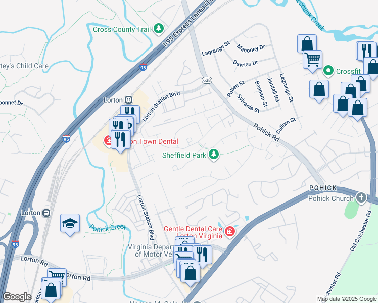 map of restaurants, bars, coffee shops, grocery stores, and more near 7656 Stana Court in Lorton