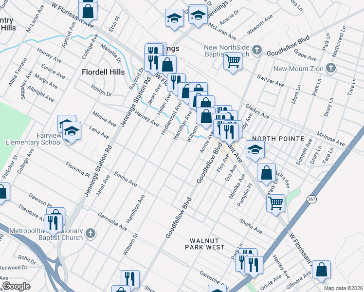 map of restaurants, bars, coffee shops, grocery stores, and more near 5654 Wilborn Drive in Jennings