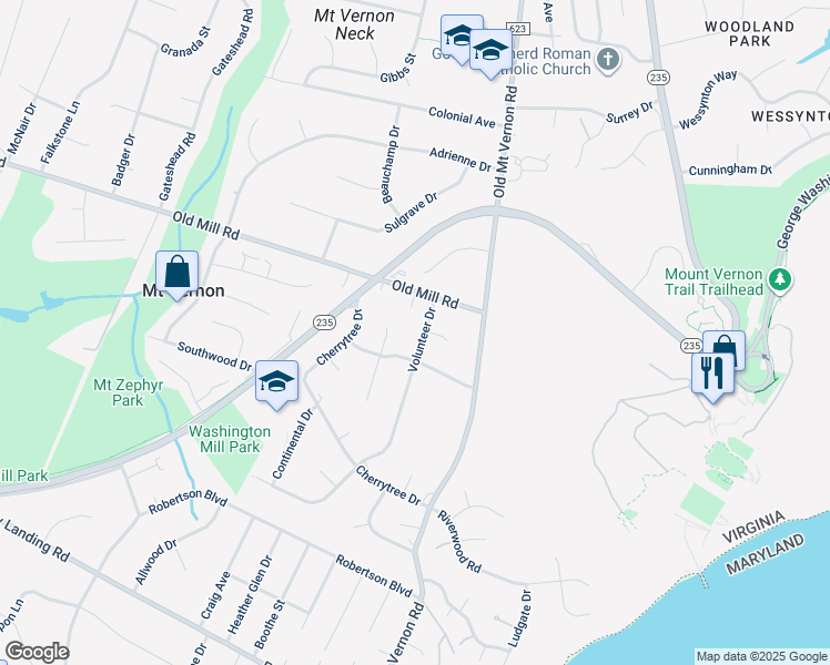 map of restaurants, bars, coffee shops, grocery stores, and more near 9006 Volunteer Drive in Alexandria