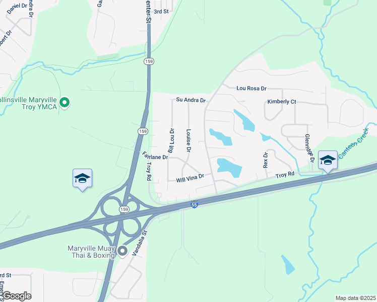 map of restaurants, bars, coffee shops, grocery stores, and more near 319 Louise Dr in Collinsville