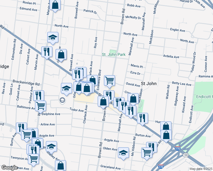 map of restaurants, bars, coffee shops, grocery stores, and more near 8915 Saint Charles Rock Road in St. Louis