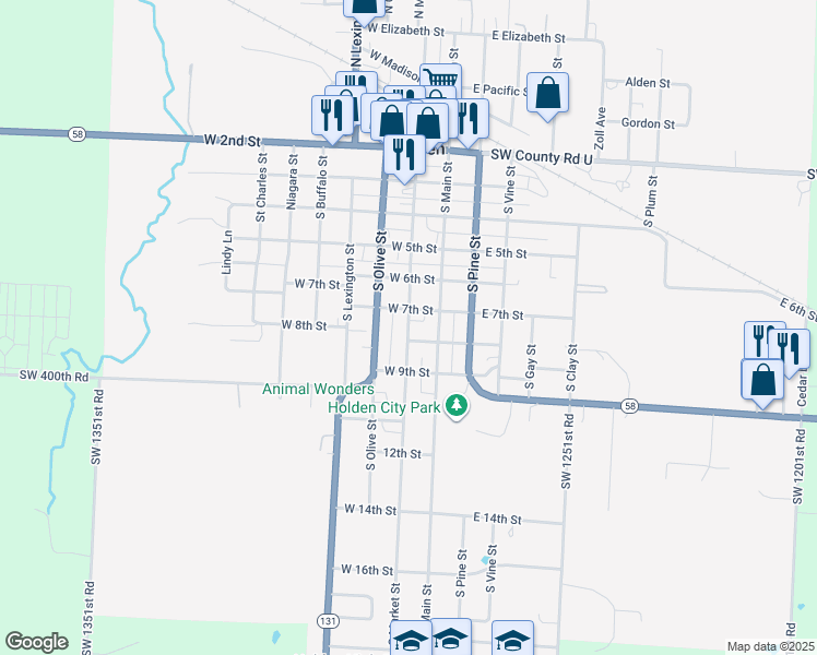 map of restaurants, bars, coffee shops, grocery stores, and more near 802 South Market Street in Holden