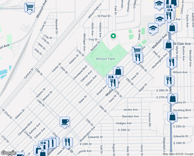 map of restaurants, bars, coffee shops, grocery stores, and more near 2640 Edison Avenue in Granite City