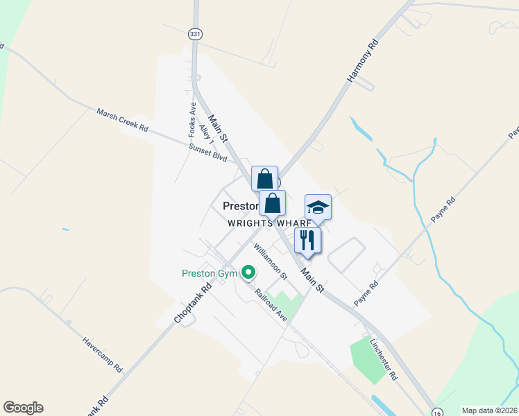 map of restaurants, bars, coffee shops, grocery stores, and more near 106 Maple Avenue in Preston