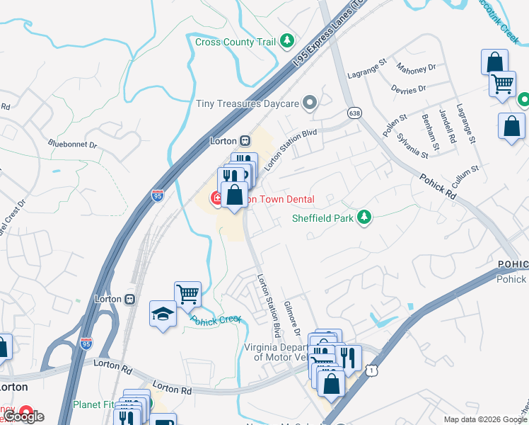 map of restaurants, bars, coffee shops, grocery stores, and more near 9028 Harrover Place in Lorton